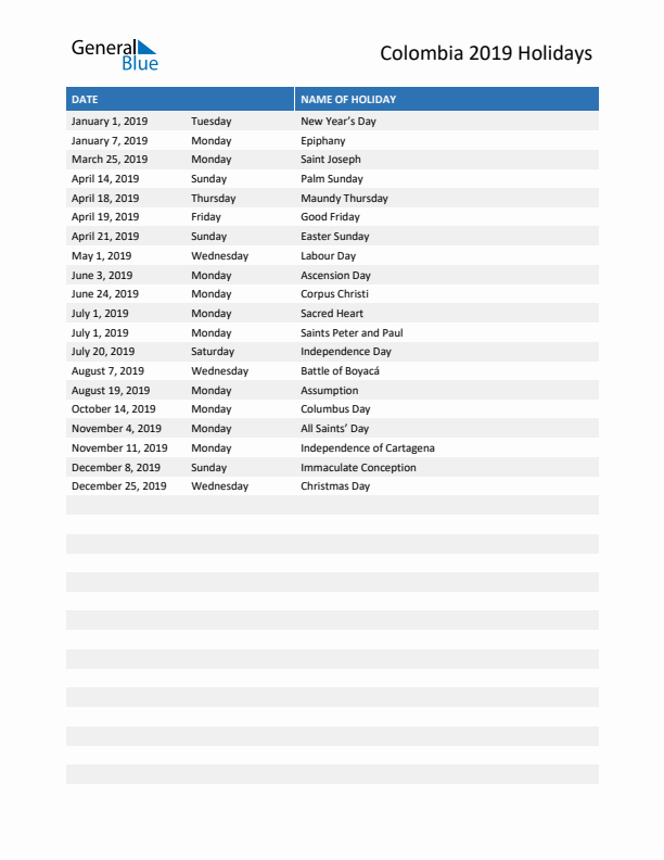 Free printable list of Colombia holidays for year 2019