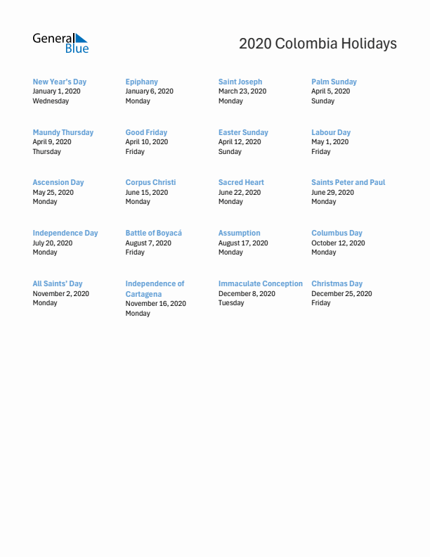 Free printable list of Colombia holidays for year 2020