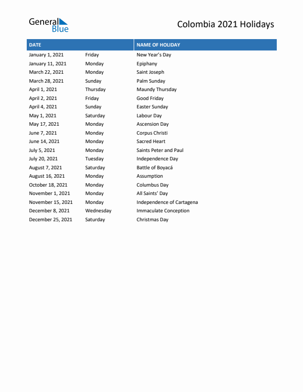 Free printable list of Colombia holidays for year 2021