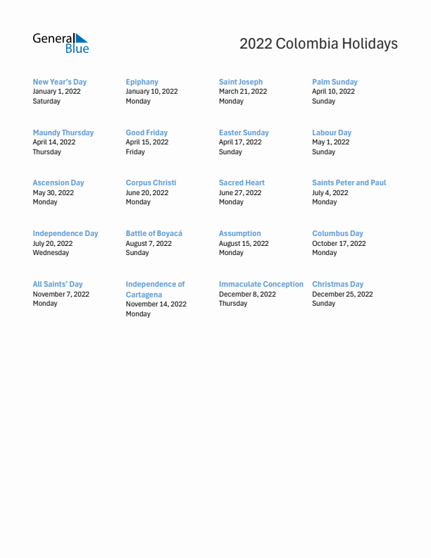 Free printable list of Colombia holidays for year 2022