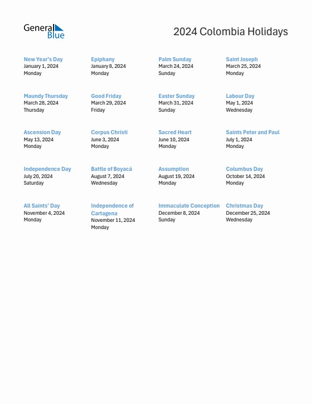 Free printable list of Colombia holidays for year 2024