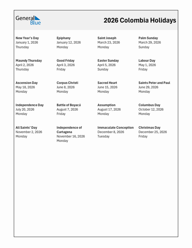 Free printable list of Colombia holidays for year 2026