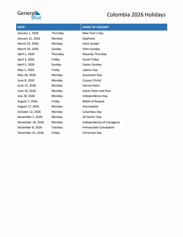 Free printable list of Colombia holidays for year 2026