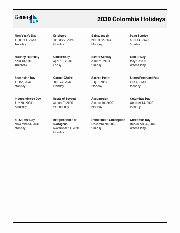 Free printable list of Colombia holidays for year 2030