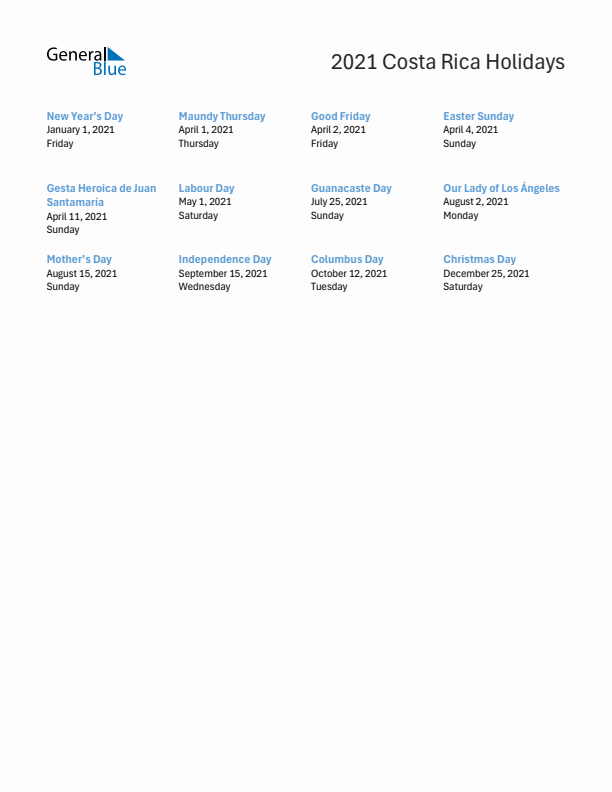 Free printable list of Costa Rica holidays for year 2021