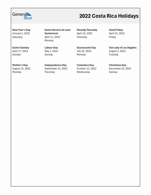 Free printable list of Costa Rica holidays for year 2022