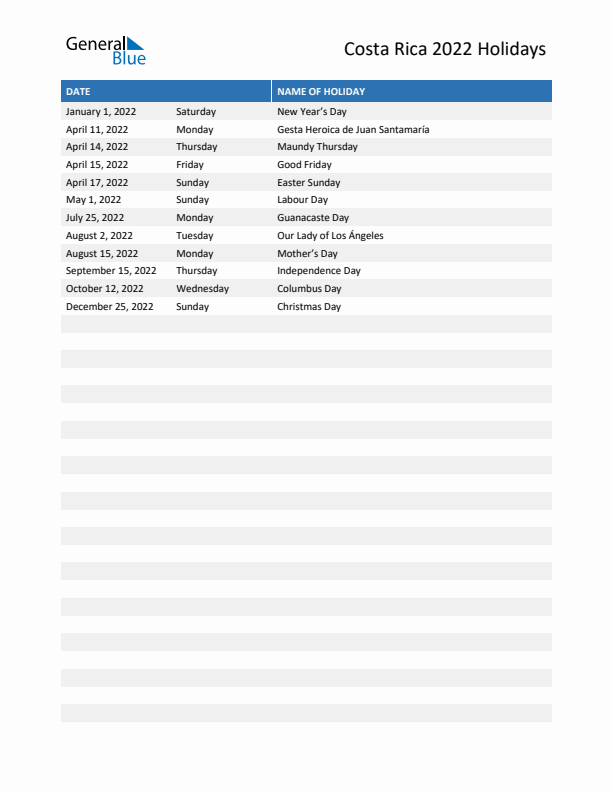 Free printable list of Costa Rica holidays for year 2022