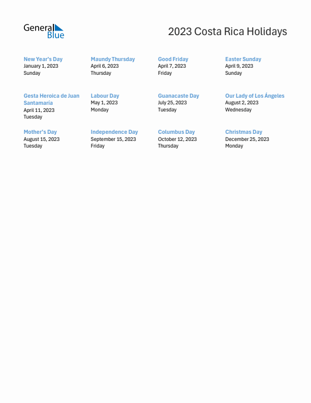 Free printable list of Costa Rica holidays for year 2023