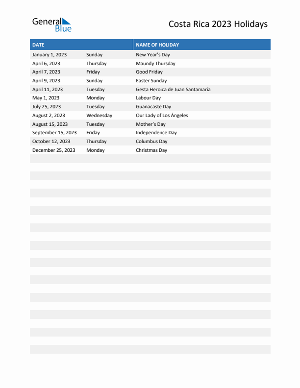 Free printable list of Costa Rica holidays for year 2023