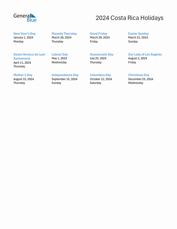 Free printable list of Costa Rica holidays for year 2024