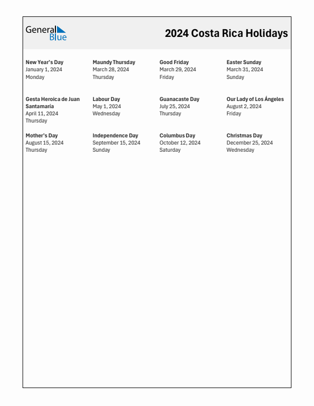 Free printable list of Costa Rica holidays for year 2024