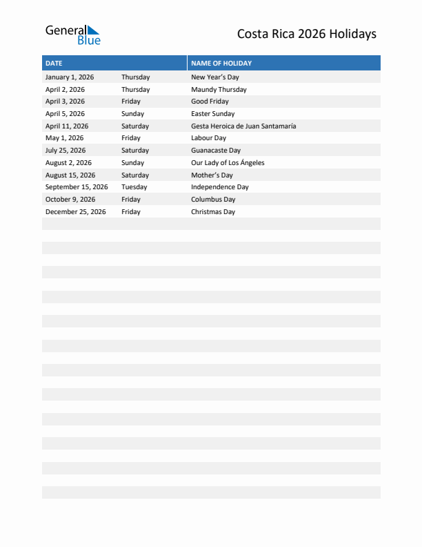 Free printable list of Costa Rica holidays for year 2026