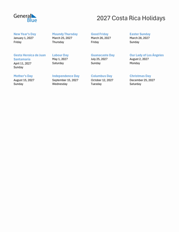 Free printable list of Costa Rica holidays for year 2027