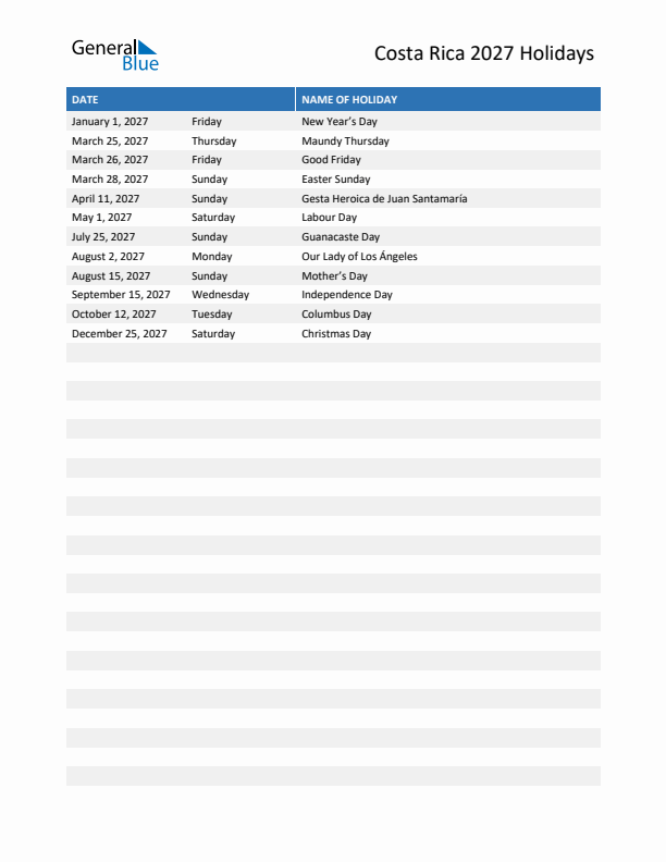 Free printable list of Costa Rica holidays for year 2027