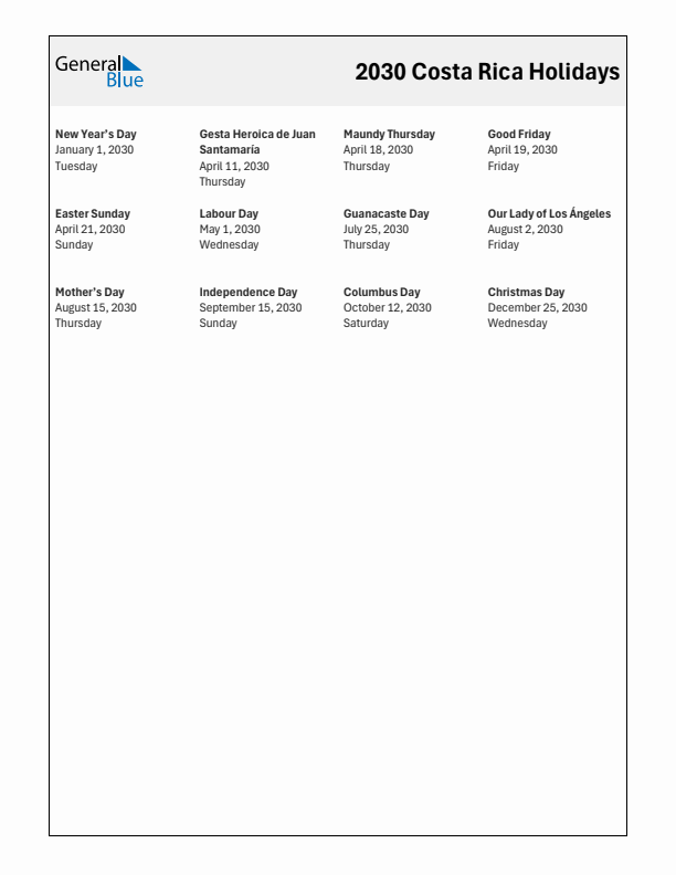 Free printable list of Costa Rica holidays for year 2030