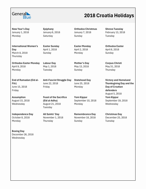 Free printable list of Croatia holidays for year 2018