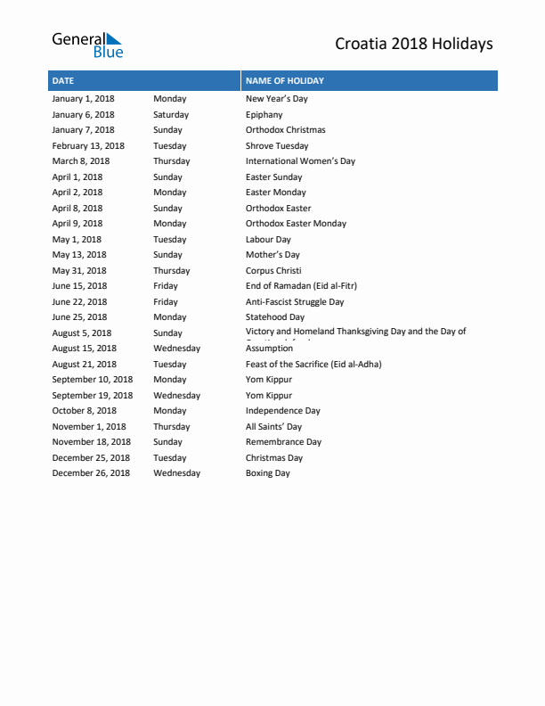 Free printable list of Croatia holidays for year 2018