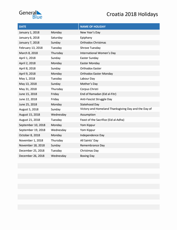 Free printable list of Croatia holidays for year 2018