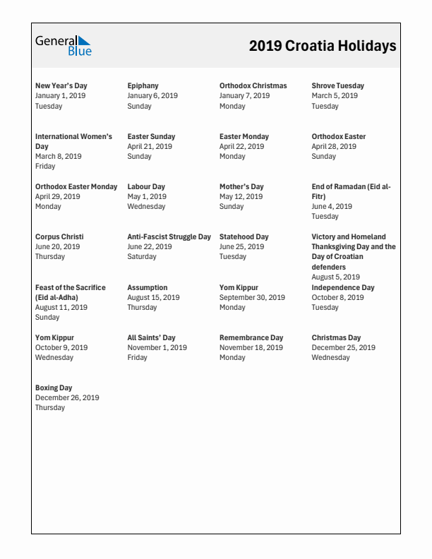 Free printable list of Croatia holidays for year 2019