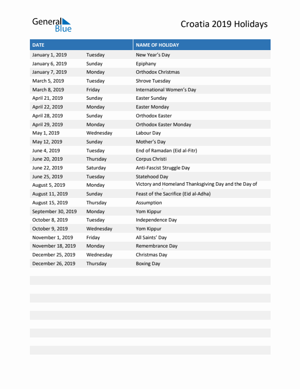 Free printable list of Croatia holidays for year 2019