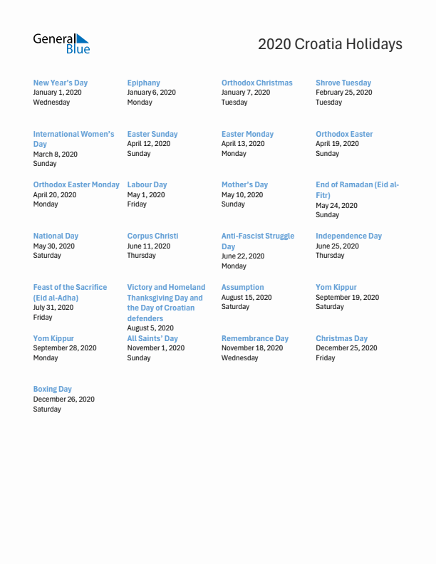 Free printable list of Croatia holidays for year 2020