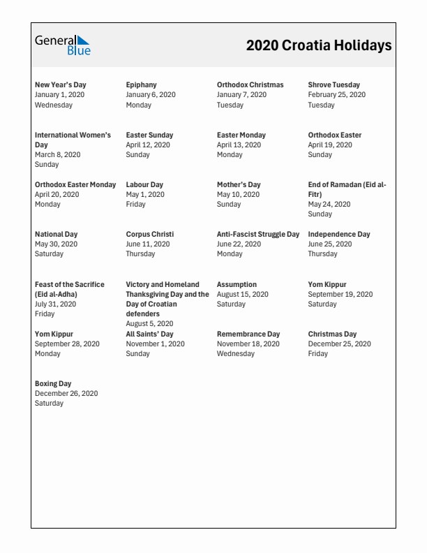 Free printable list of Croatia holidays for year 2020