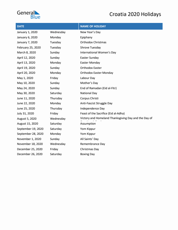 Free printable list of Croatia holidays for year 2020