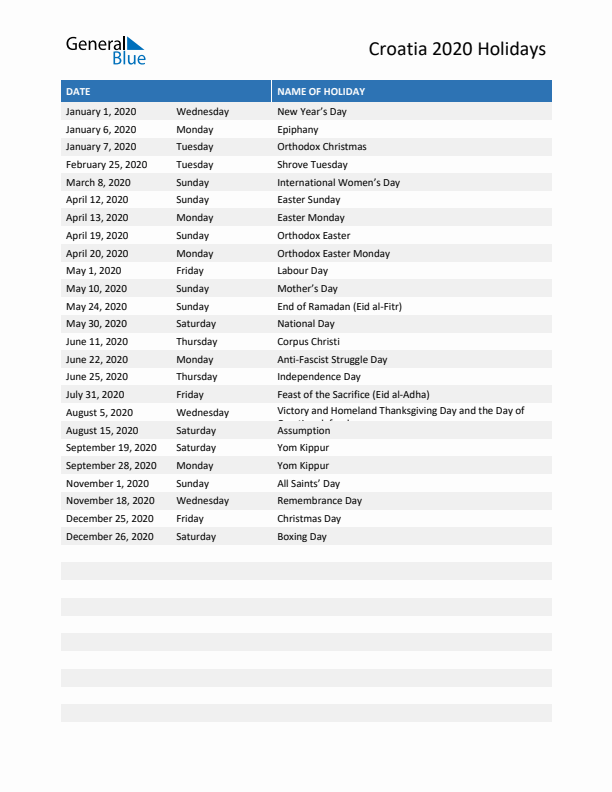 Free printable list of Croatia holidays for year 2020