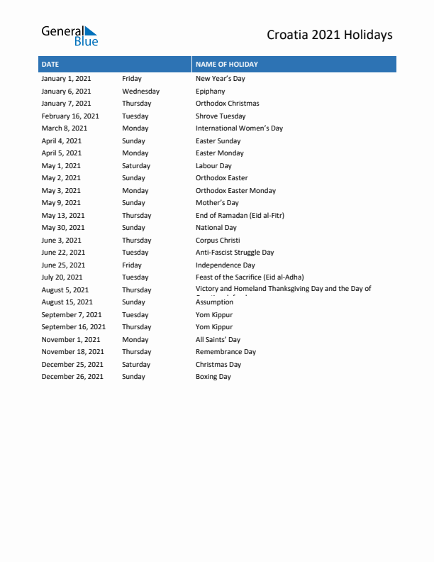 Free printable list of Croatia holidays for year 2021