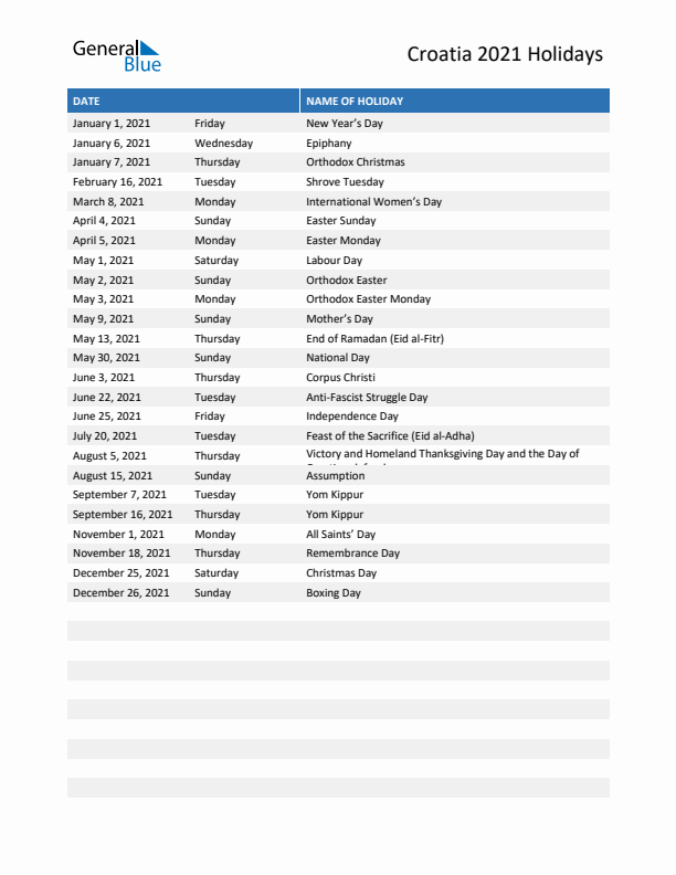 Free printable list of Croatia holidays for year 2021