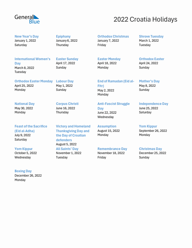 Free printable list of Croatia holidays for year 2022