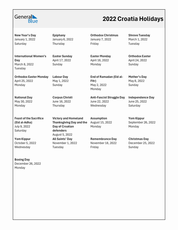 Free printable list of Croatia holidays for year 2022