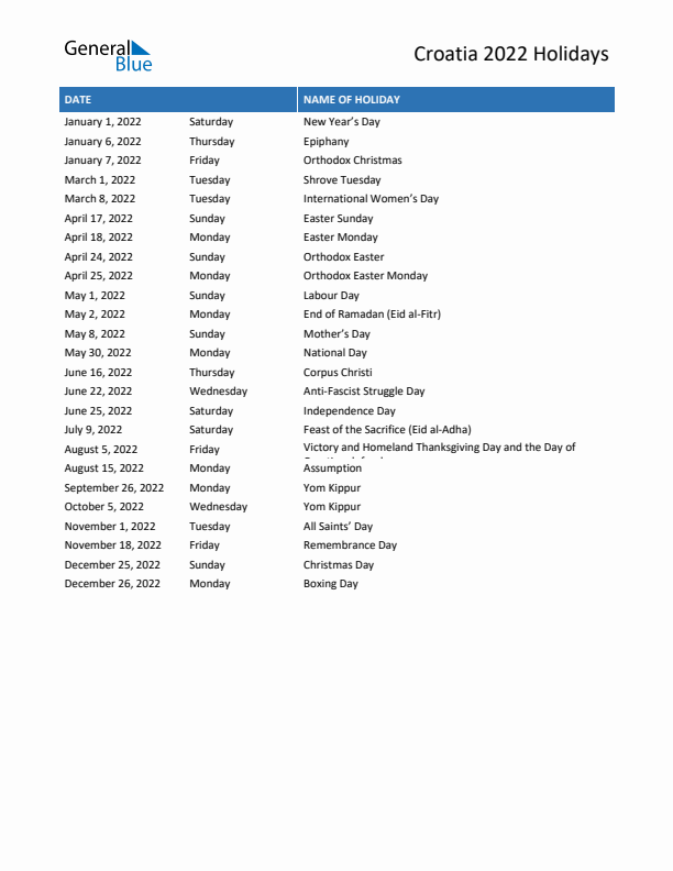 Free printable list of Croatia holidays for year 2022