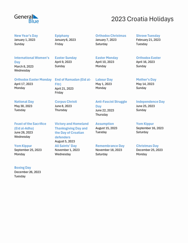 Free printable list of Croatia holidays for year 2023