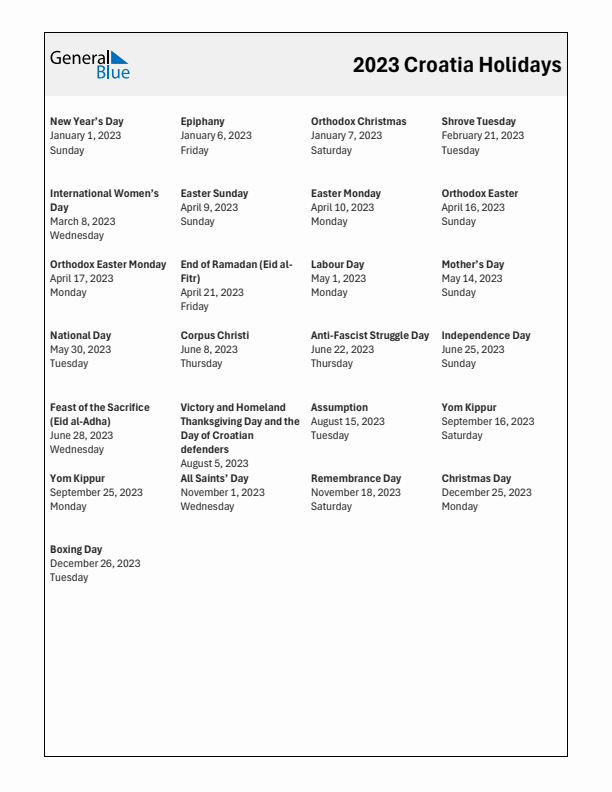 Free printable list of Croatia holidays for year 2023