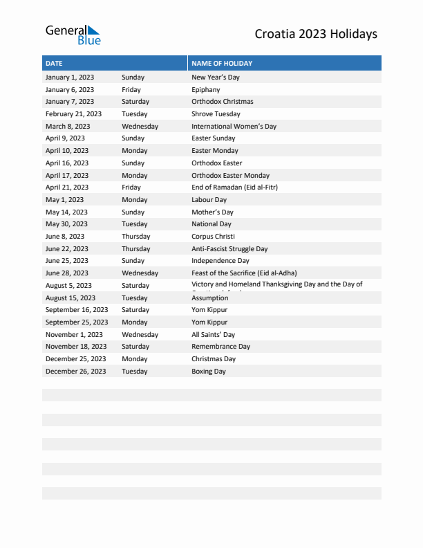 Free printable list of Croatia holidays for year 2023