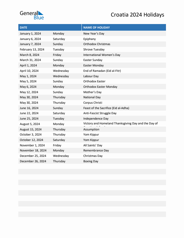 Free printable list of Croatia holidays for year 2024