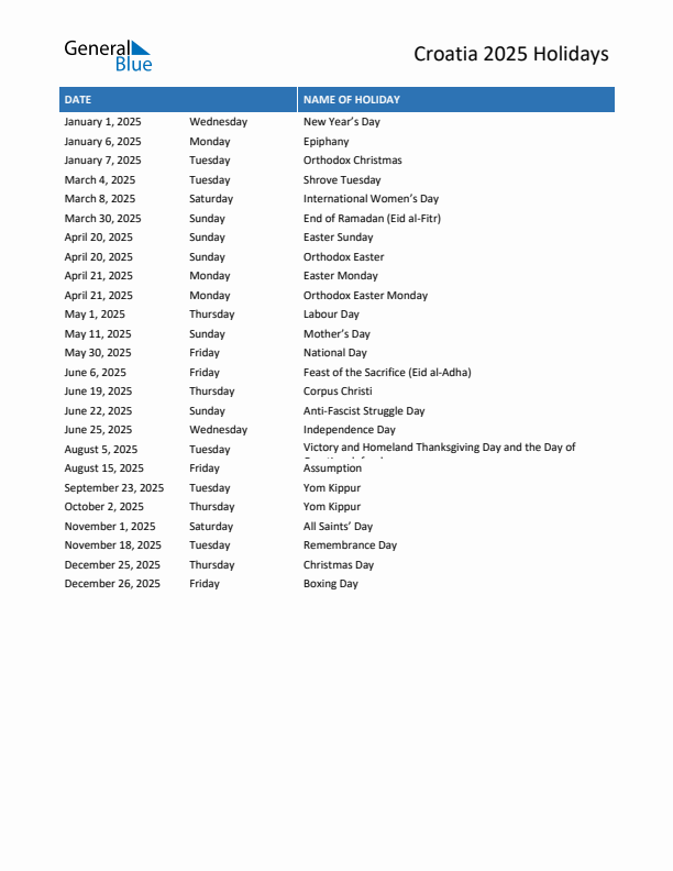 Free printable list of Croatia holidays for year 2025