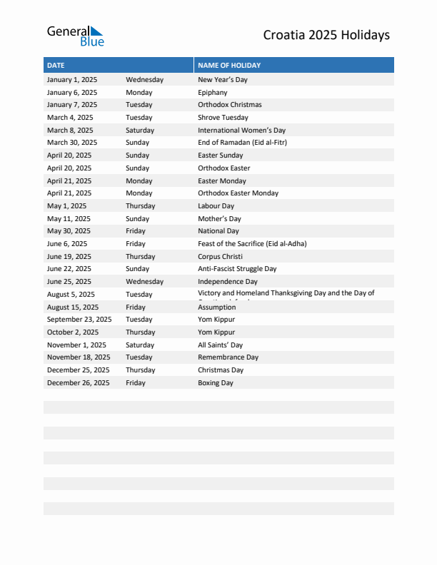 Free printable list of Croatia holidays for year 2025