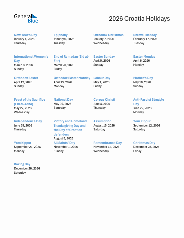 Free printable list of Croatia holidays for year 2026