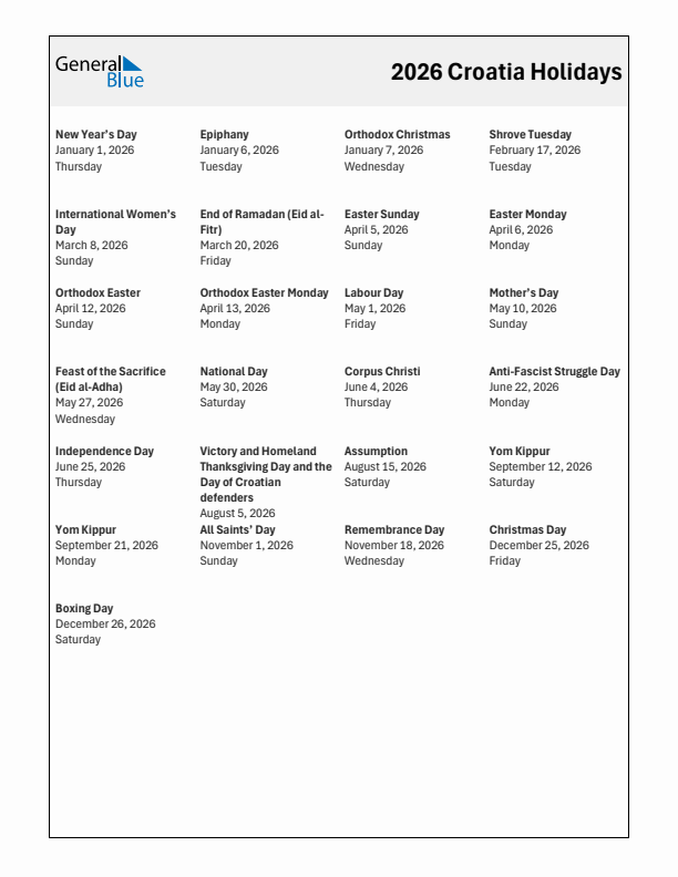 Free printable list of Croatia holidays for year 2026