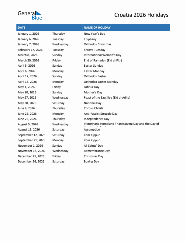 Free printable list of Croatia holidays for year 2026