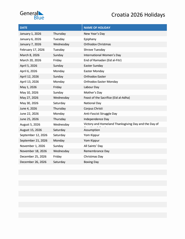 Free printable list of Croatia holidays for year 2026