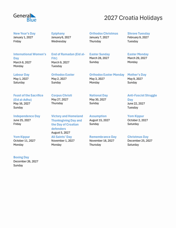 Free printable list of Croatia holidays for year 2027