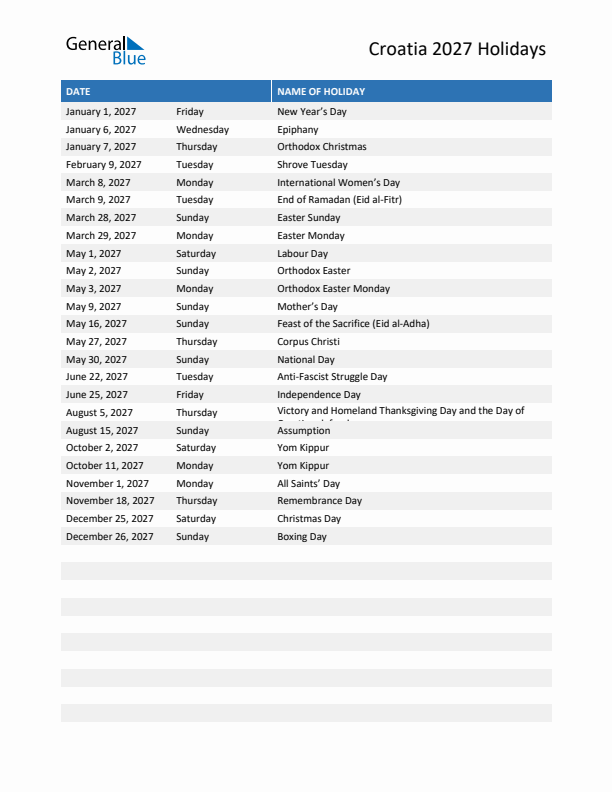 Free printable list of Croatia holidays for year 2027