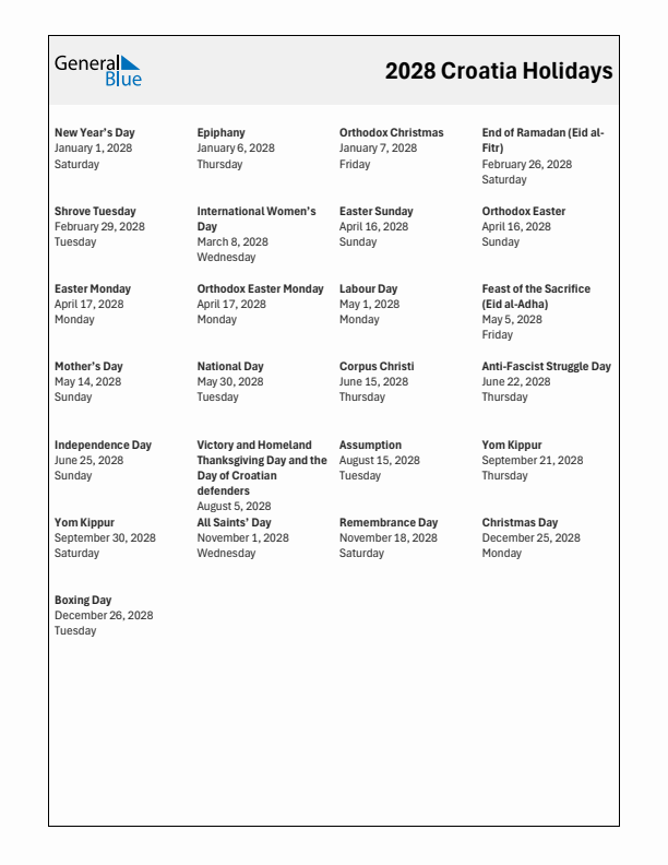 Free printable list of Croatia holidays for year 2028