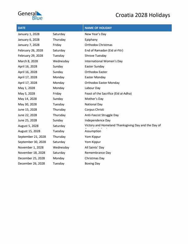 Free printable list of Croatia holidays for year 2028