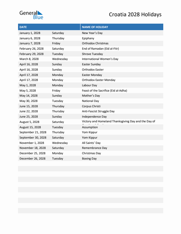 Free printable list of Croatia holidays for year 2028