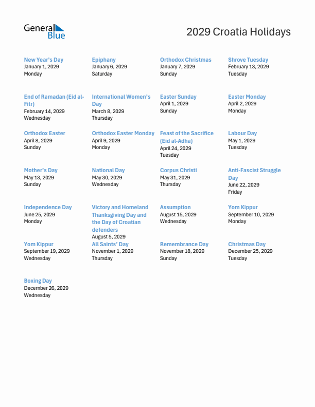 Free printable list of Croatia holidays for year 2029