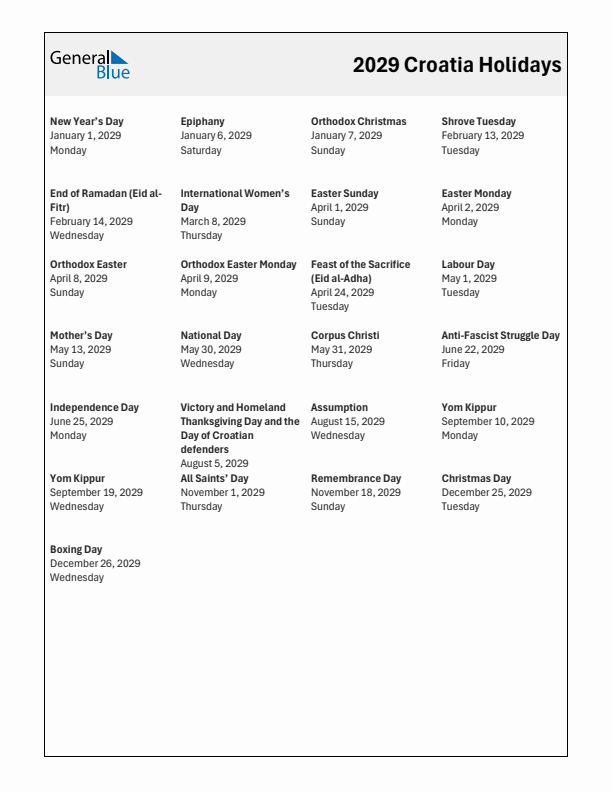 Free printable list of Croatia holidays for year 2029